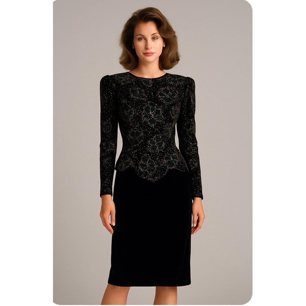 Vtg Scott McClintock Black Green Velvet Dress Women's Size 6 Gold Glitter Floral